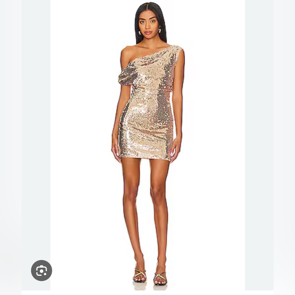 Superdown Gold Sequin One-Shoulder Dress